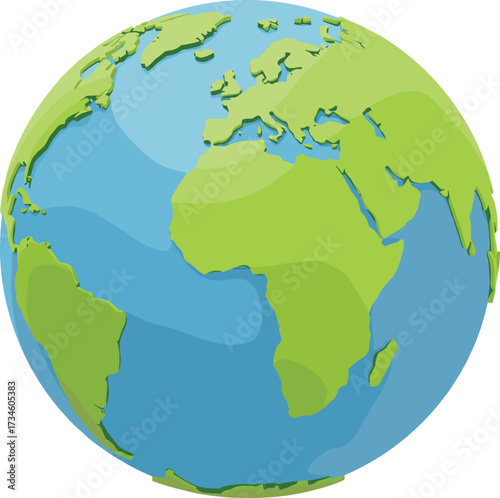 Cartoon Earth illustration, green continents blue oceans, Eastern Hemisphere map, global environment concept, geography icon, planet design, vector graphic