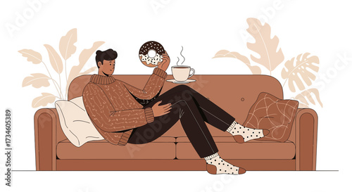 Cozy day in a modern minimalist style with a person enjoying coffee and donut on couch