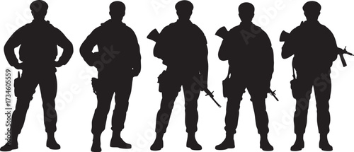 Obraz na plátně Silhouettes of five armed soldiers in tactical gear standing alert