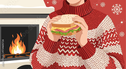 Cozy winter scene: Person in sweater enjoys a sandwich by the warm fireplace feeling festive