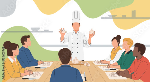 Culinary workshop illustration featuring chef demonstrating with garlic to students in a kitchen