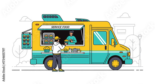 Cupcake Delight: A cheerful food truck illustration offering sweet treats to customers in a lively