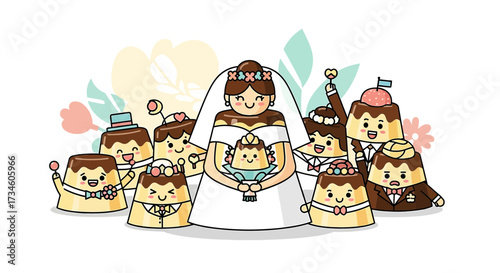 Cute Pudding Wedding Cartoon Illustration with Bride and Groom and Wedding Party Character Design