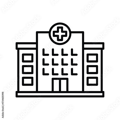 Simple line art icon of a modern hospital building with a medical cross symbol