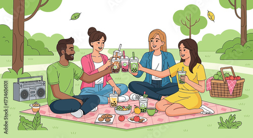 Diverse group of friends enjoying a picnic with bubble tea in a lush park setting illustration