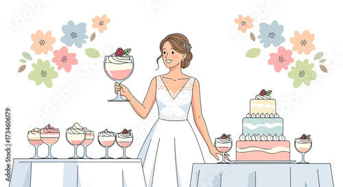 Elegant bride presenting a wedding cake and dessert display with pastel floral accents