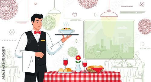 Elegant waiter in a sophisticated restaurant setting, serving a delicious meal with grace and