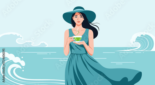 Elegant woman in a blue dress and hat enjoying tea by the serene ocean waterscape