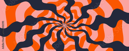 Psychedelic background with spiral rays in pink, orange, and black. Groovy Y2...