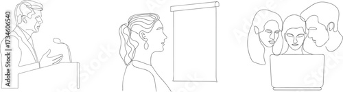 Hand drawn sketch of business people Communication. transparent background, vector illustration. one line art.