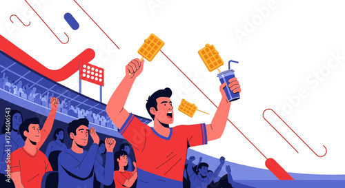 Enthusiastic Fans Cheering at Stadium with Waffles and Drinks Enjoying a Sporting Event