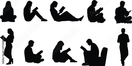 Silhouette people reading books in various poses, sitting, standing, reclining, black vector icons for education and lifestyle themes