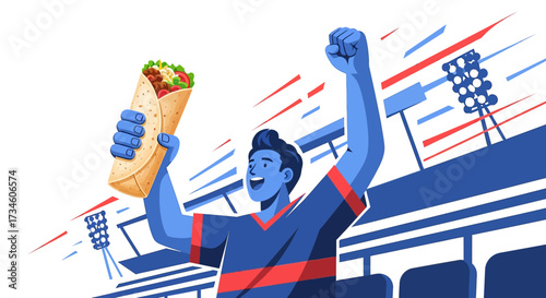 Excited fan in stadium celebrating with a delicious burrito in hand, sports enthusiasm