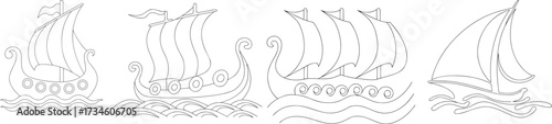 Old Viking ships and boats,  Ancient transport methods. transparent background, vector illustration.  one line art.