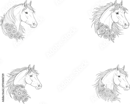 Set of four elegant horse head portraits with floral decorations, rendered in black and white line art.