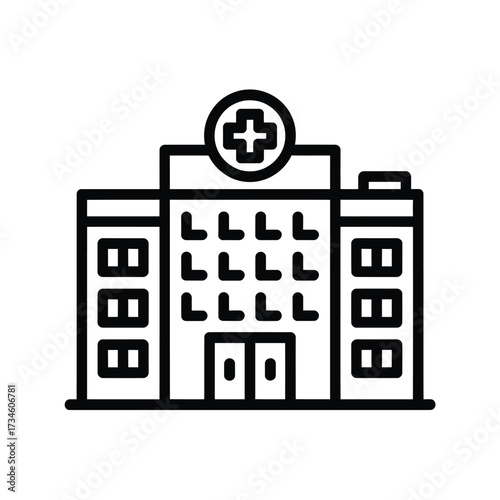 Simple line art icon of a modern hospital building with a medical cross symbol