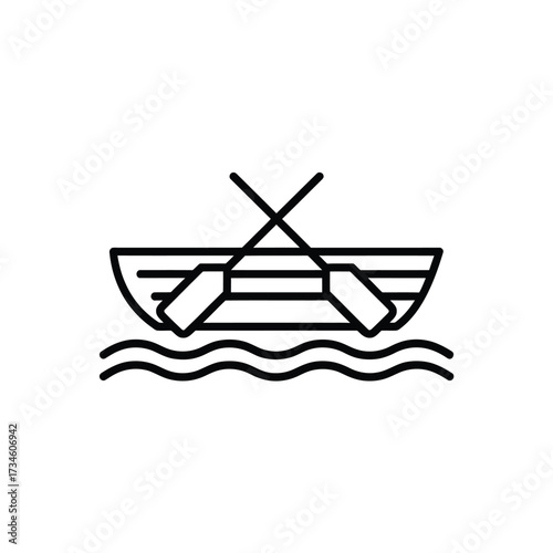 Simple line art icon of a rowboat with crossed oars floating on wavy water