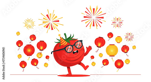 Festive tomato character celebrating with lanterns and fireworks on a white background