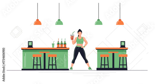 Fitness Enthusiast Enjoying Bubble Tea in a Modern Juice Bar Setting with Trendy Lights