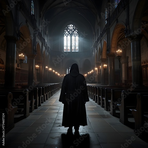 dark, symbolic scene inside a massive, shadowy cathedral 