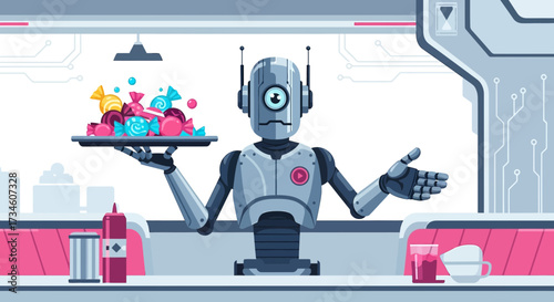 Futuristic candy service by a friendly robot in a retro-style diner creates a whimsical scene