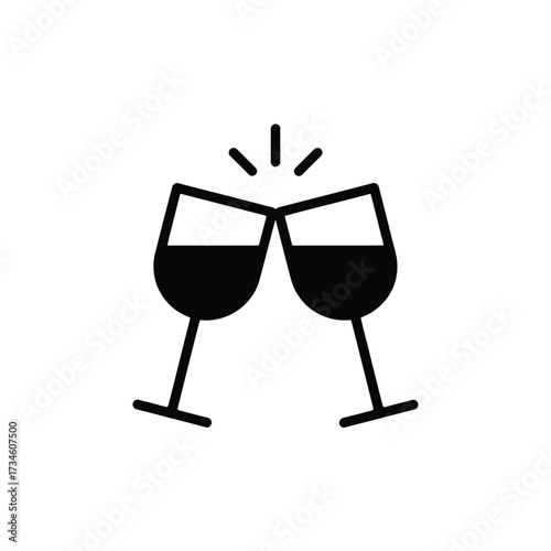 Two black wine glasses clinking together in a celebratory toast icon
