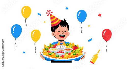 Happy birthday celebration with boy holding nachos surrounded by balloons confetti