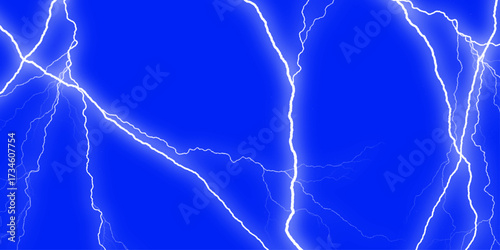 A dramatic display of blue lightning bolts against a dark background. Electric blue light casts vibrant purple, magenta, and blue hues on a dark background, creating a stunning visual pattern, 