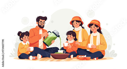 Happy family enjoying a picnic together with matcha green tea and snacks outdoors