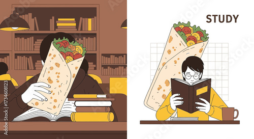 Humorous depiction of students juggling academics and food cravings for studying effectively