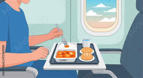Illustrated airplane meal featuring curry rice and bread against a window view during flight