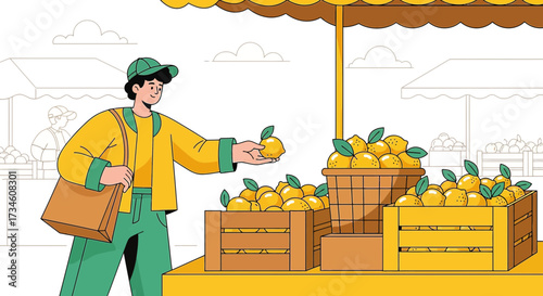 Illustrated farmer's market scene featuring fresh lemons and a happy customer examining produce