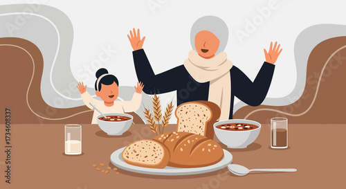 Illustration depicting a Muslim mother and daughter enjoying a wholesome breakfast together