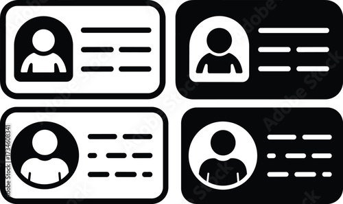 Identification card icons grid, user profile symbol in black white contrast, personal data layout, vector illustration, flat design, admin theme