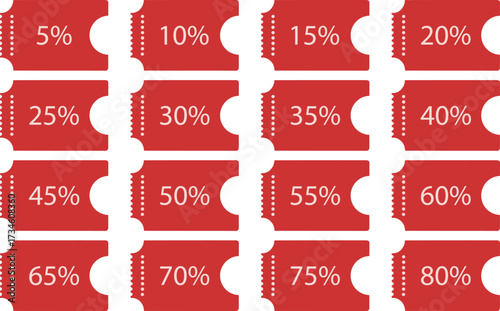 Discount tickets front view, red coupon grid with white percentage numbers, sale promotion pack, vector illustration, flat design, shopping theme
