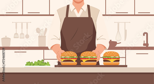 Illustration of a Chef Presenting Three Delicious Burgers in a Modern Kitchen Setting