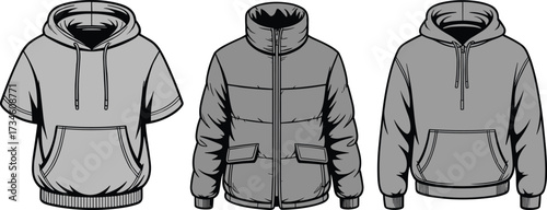 Outerwear illustrations front view, hoodie puffer jacket short sleeve sweatshirt fashion icons, clothing design pack, vector artwork, flat style