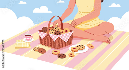 Illustration of a delightful picnic scene with a woman enjoying cookies outdoors