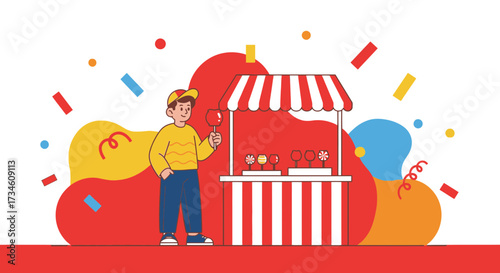 Illustration of a festive candy apple stand with a young boy holding treat and colorful confetti