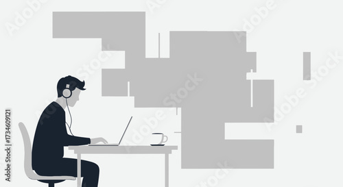 Illustration of a focused professional working on a laptop in a modern workspace design