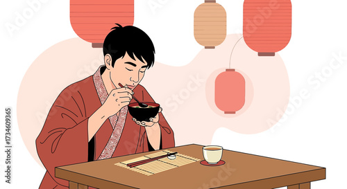 Illustration of a japanese man enjoying a meal in a traditional setting with lanterns and tea cups