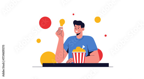 Illustration of a man eating fried chicken, surrounded by colorful circles and dots design