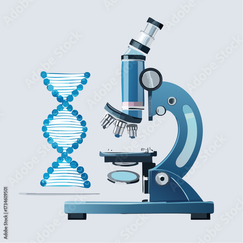 Illustration of a Modern Blue Microscope Paired with a DNA Double Helix, Symbolizing Breakthroughs in Biology and Genetic Science Research