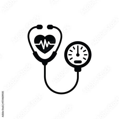 Medical stethoscope with heart symbol and blood pressure monitor icon