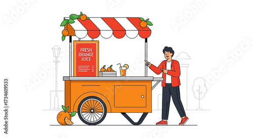 Illustration of a man selling fresh orange juice from a mobile cart in a public space
