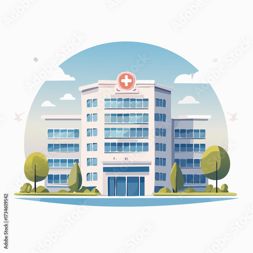 Modern medical center building exterior in a clean flat design vector illustration, symbolizing healthcare services, patient care, and community health infrastructure