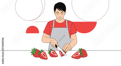Illustration of a man slicing strawberries in a kitchen setting ready to prepare meals