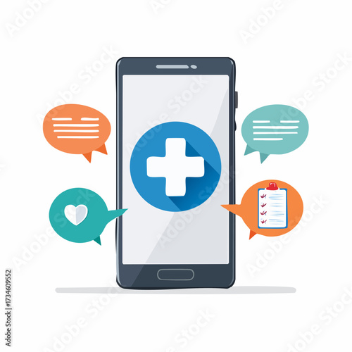 Mobile Health App Cross Symbol on Smartphone with Chat Bubbles and Clipboard