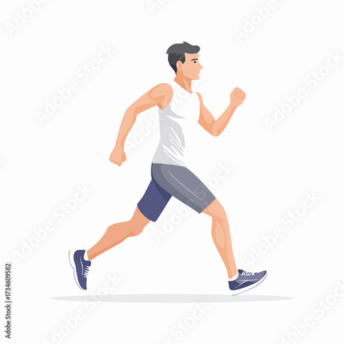 Dynamic vector illustration of a fit male runner in athletic attire, captured in full stride while jogging, embodying health, fitness, and an active, vigorous lifestyle