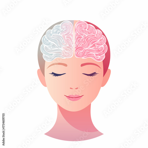 Abstract illustration of a human head with a detailed, split brain showing intricate patterns, symbolizing mental balance, creativity, and logical thought processes
